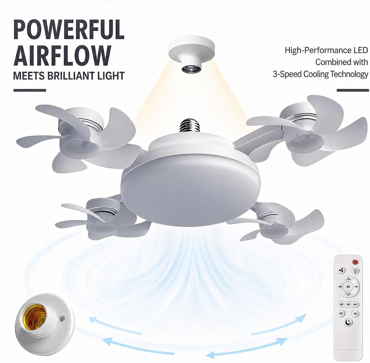 Socket Fan Light With Remote, LED Ceiling Fan Light, Socket Ceiling Fan With Light, 3 Speeds Fan And 3 Color Temperatures