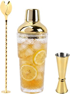 14 oz Clear Glass Cocktail Shaker with Gold Lid, Bartender Kit Cobbler Mixer with Built-In Strainer, Leak-Proof Clear Martini Shaker for Single-Serve Drinks