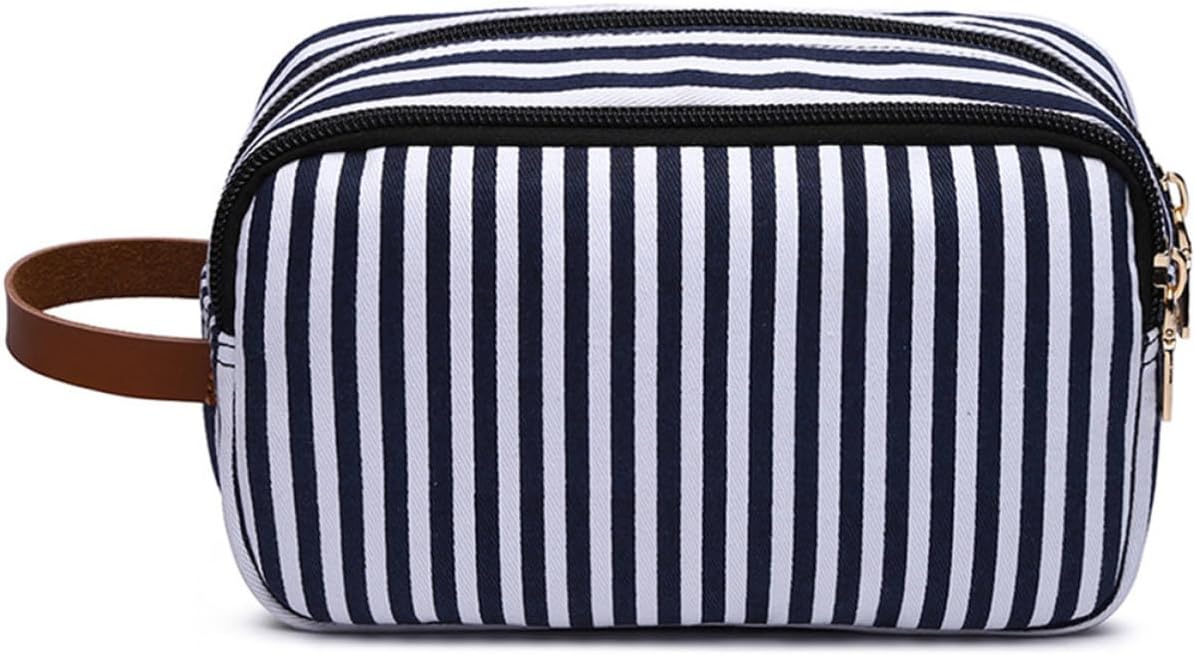 Canvas Makeup Bag Waterproof Organizer Large Capacity Blue Stripe Compact Zippered Pouch, Lightweight for Travel or Office, Keeps Beauty Essentials Neatly Sorted