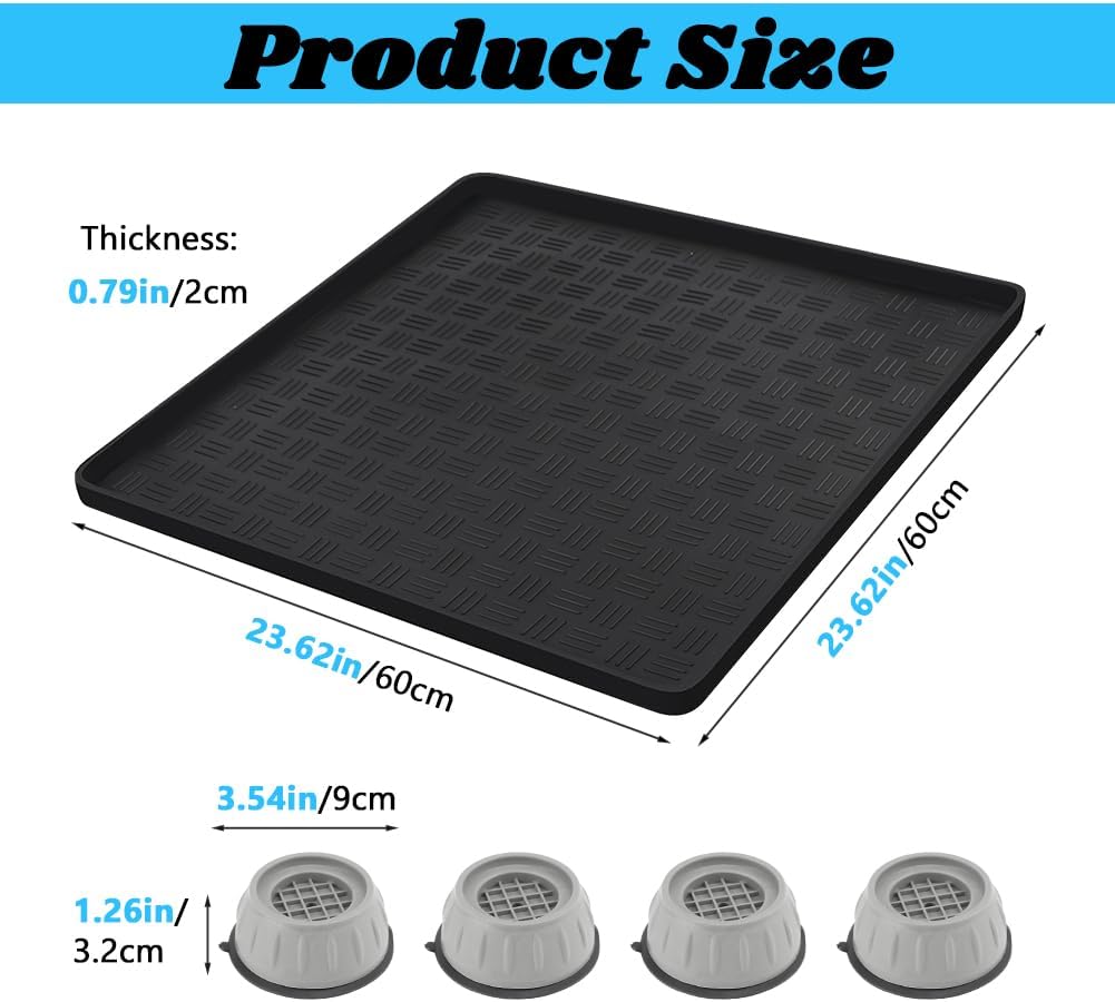 Mini Fridge Silicone Mat with 4 Base Raisers, 23" x 23" x 0.79" Mini Fridge Drip Tray, Refrigerator Carpets Floor Protector, for Washing Machines, Air Conditioner, Dishwashers