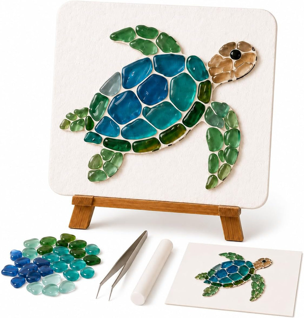 DIY Sea Glass Art Kit, Mosaic Craft Kit with Board, Stand and Glue (Type A) Sea glass art kit with board, stand, tweezers, instructions and glue stick for creating an ocean-inspired display.