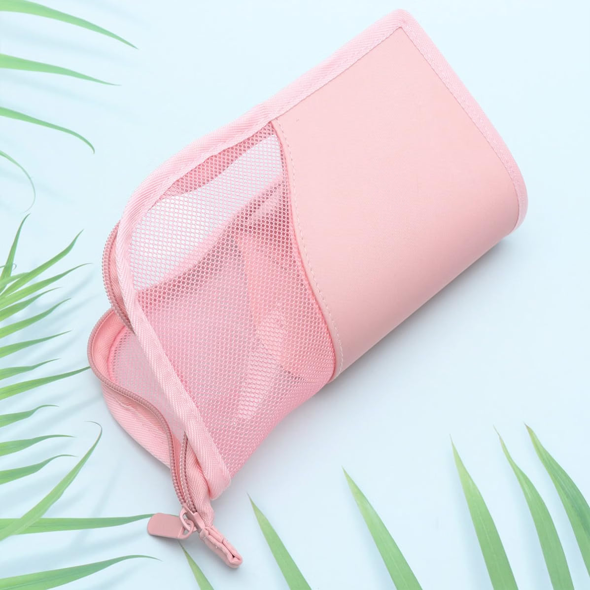 Pink Cosmetic Brush Bag with Zipper, Standing Mesh Pouch Organizer PVC and Oxford Fabric, Compact Travel Size, Keeps Necessities Clean and Order, Fits Tote Bags