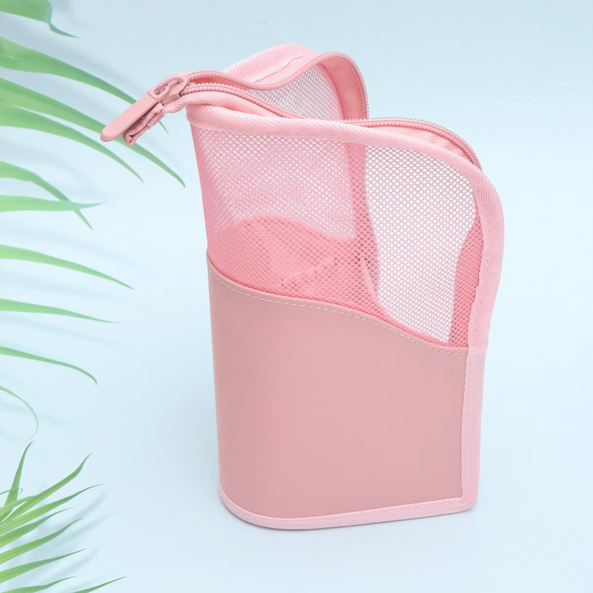 Pink Cosmetic Brush Bag with Zipper, Standing Mesh Pouch Organizer PVC and Oxford Fabric, Compact Travel Size, Keeps Necessities Clean and Order, Fits Tote Bags