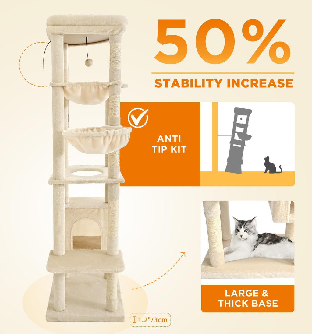 Made4Pets 71" Tall Cat Tree, Multi-Level Tower with Condo, Hammocks & Perches