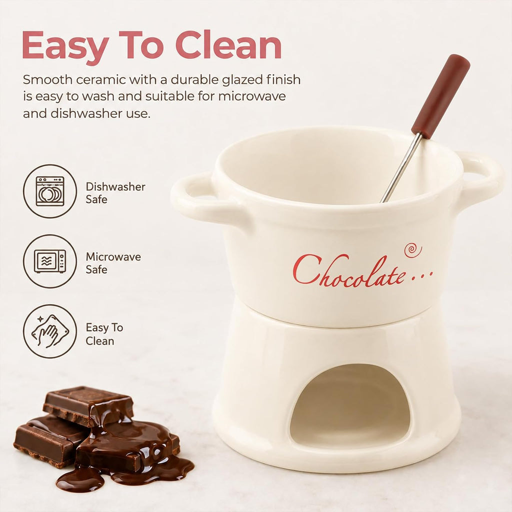 Fondue Pot Set, Ceramic Chocolate Melting Cup with 2 Forks, No Candles Mini Hot Pot Bowl can Melting Cheese Butter Chocolate Caramel, Gifts for Birthday Christmas Date Night Weddings Valentines