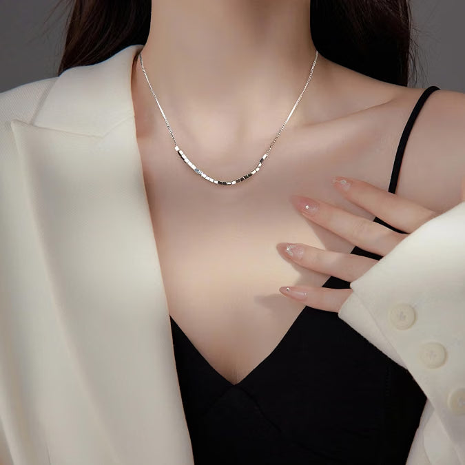 S925 Sterling Silver Necklace, Adjustable Square Pendant Chain with Rhodium Plating & Gift Box