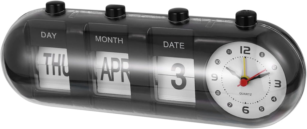 Manual Flip Desk Calendar Clock, Black ABS Plastic Perpetual Date Display Hand-cranked Page Turning Mechanism, Compact Desktop Design, Suitable for Bar, Restaurant or Study Room Decor