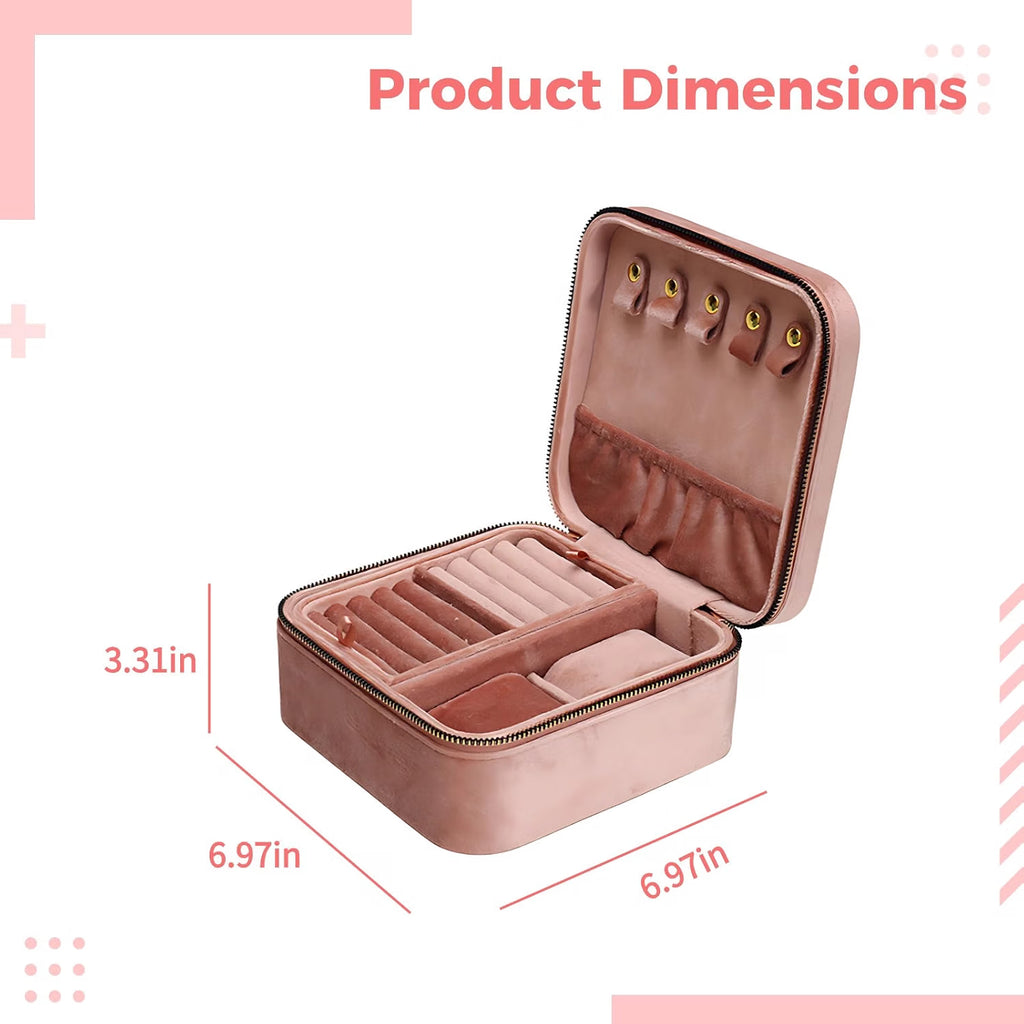 Pink Jewelry Storage Box, Double-Layer Velveteen Organizer with Zipper for Rings, Necklaces & B