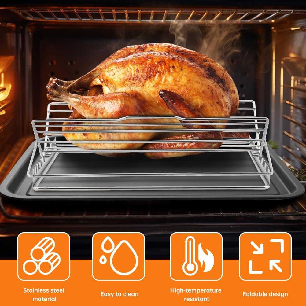 Adjustable Roasting Rack with Lift for Turkey Chicken, Roasting Rack Insert, Fits 9x13 Pan, Non-Stick Heavy Duty Stainless Steel Cooking Rack for Oven, Grill, Smoker, BBQ