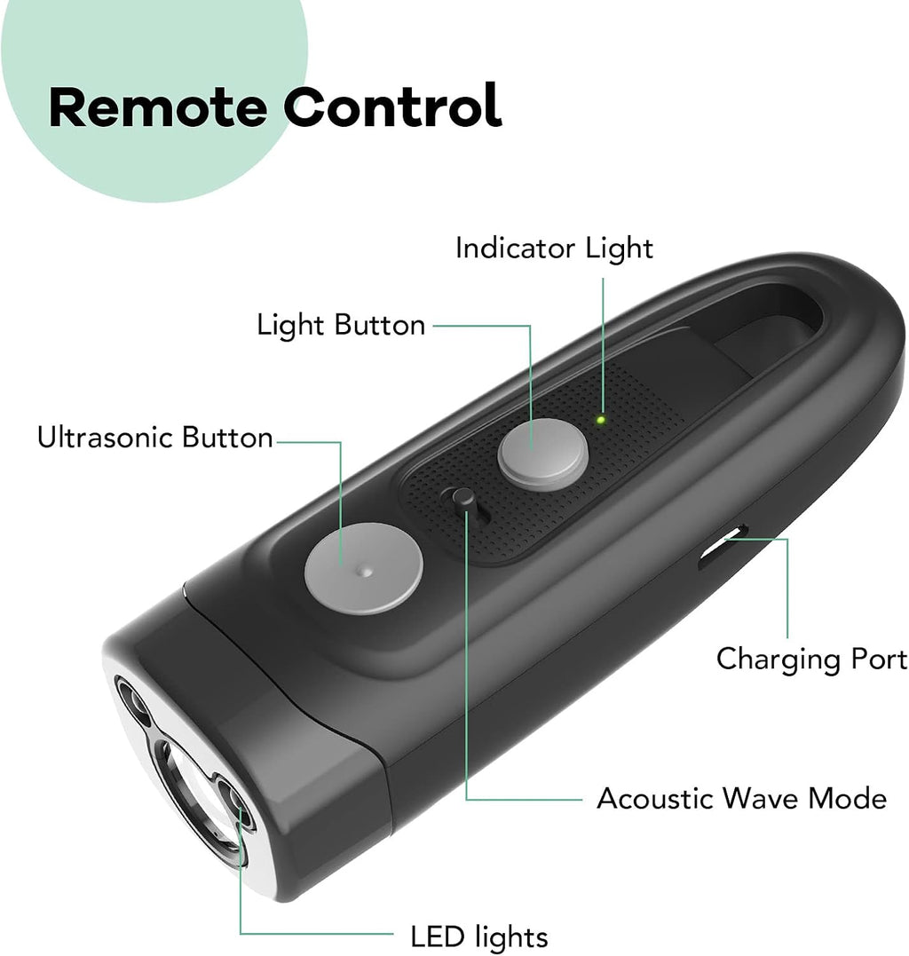 Rechargeable Ultrasonic Dog Bark Deterrent, 16.5ft Anti-Barking Device with Dual LED Flashlight & Clicker