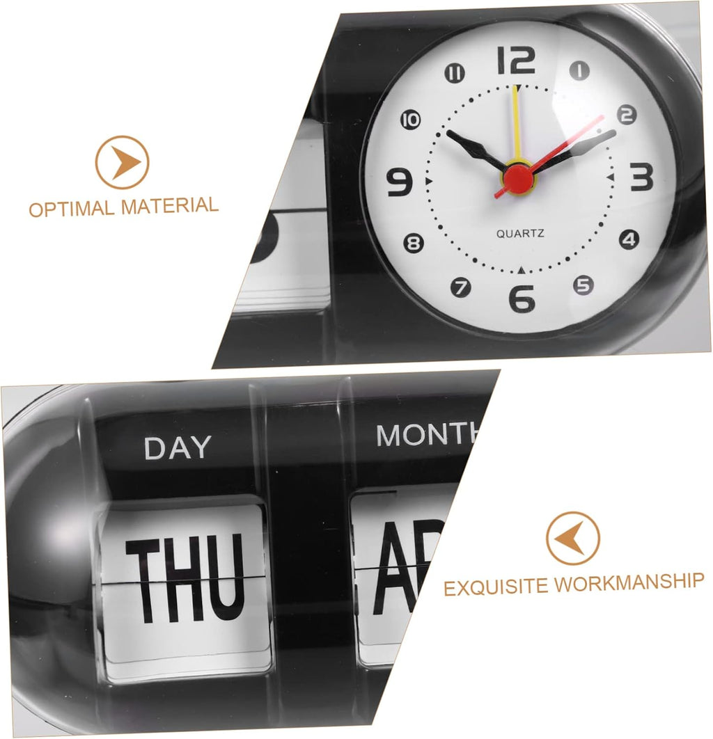 Manual Flip Desk Calendar Clock, Black ABS Plastic Perpetual Date Display Hand-cranked Page Turning Mechanism, Compact Desktop Design, Suitable for Bar, Restaurant or Study Room Decor
