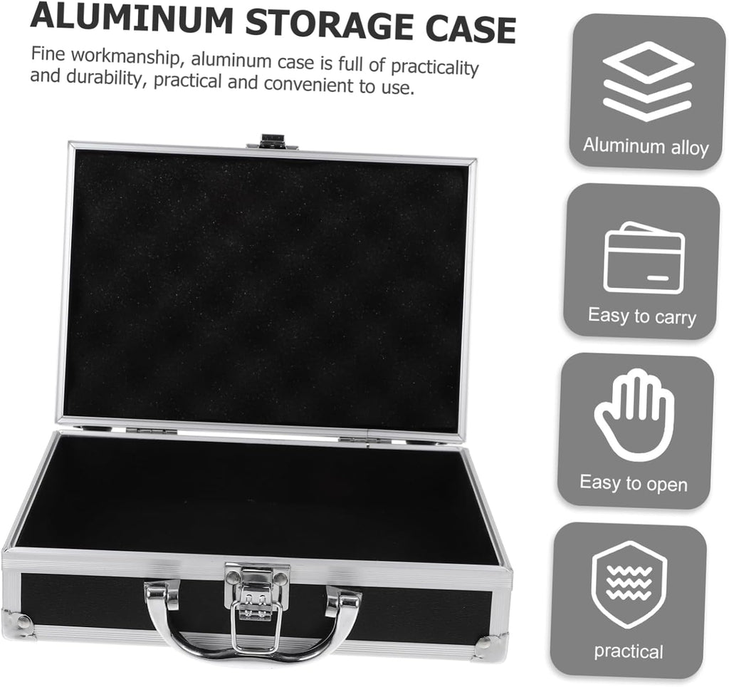Tool Box Briefcase Aluminum Alloy Hard Shell for Office Travel Black Finish, Handle Design with Large Capacity Interior, Protects Valuables, Business Trip Storage Box