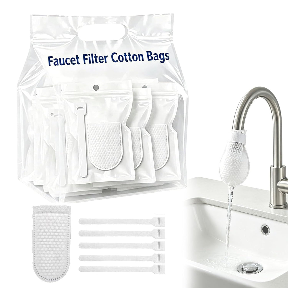 Universal Faucet Cotton Bag, Kitchen Sink Mesh Cotton Sleeve Strainer, Soft Water Flow Anti-Splash Faucet Straining Bag for Kitchen & Bathroom Sink Use (300pcs)