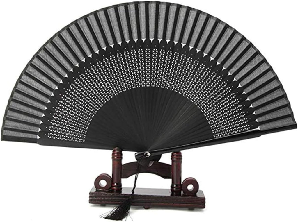 Lacquered Black Folding Fan with Tassel and Hollow Out Design Bamboo Paper Craft, Portable Daily Accessory, Black Case and Cover, for Handbags and Backpacks