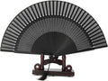 Lacquered Black Folding Fan with Tassel and Hollow Out Design Bamboo Paper Craft, Portable Daily Accessory, Black Case and Cover, for Handbags and Backpacks
