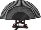 Lacquered Black Folding Fan with Tassel and Hollow Out Design Bamboo Paper Craft, Portable Daily Accessory, Black Case and Cover, for Handbags and Backpacks