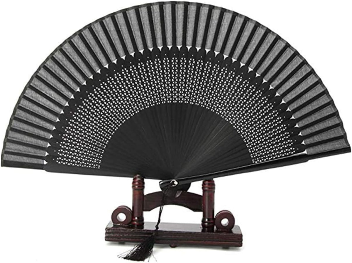 Lacquered Black Folding Fan with Tassel and Hollow Out Design Bamboo Paper Craft, Portable Daily Accessory, Black Case and Cover, for Handbags and Backpacks
