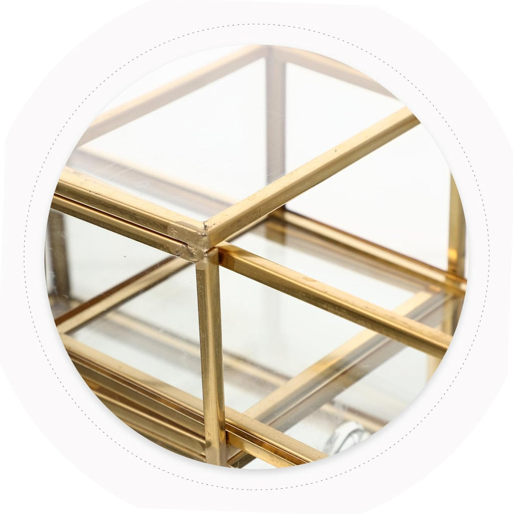 3-tier Jewelry Storage Box with Drawer Design, Golden Glass Alloy Closed Case, Tabletop Organization for Lip Gloss and Skin Care Bottles, Bathroom Counter or Office