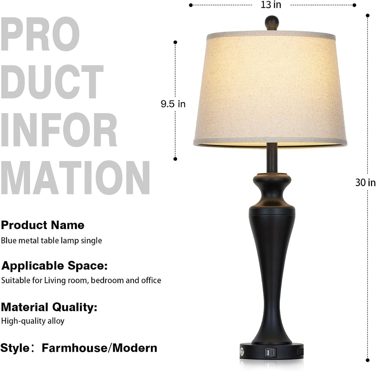 30" Black Table Lamps | Set of 2 | Touch Control | 3-Way Dimmable | USB A+C Ports | AC Outlet | Modern Metal | 2 Bulbs Included