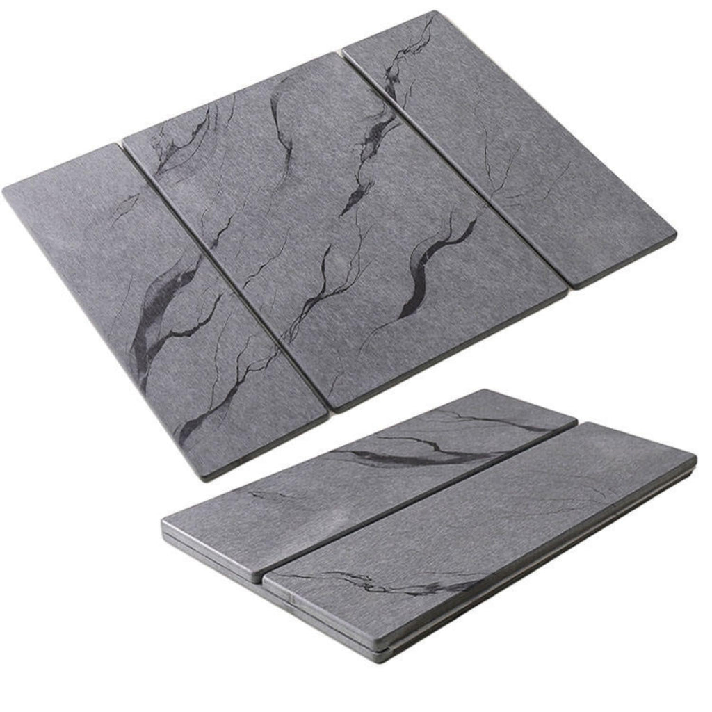 Triple Folding Diatomaceous Earth Dish Drying Mat - 9mm Thick Super Absorbent Hard Stone Drying Mat for Kitchen Countertop, Fast Drying Marble Pattern Heat Resistant Counter Mat, Space Saving