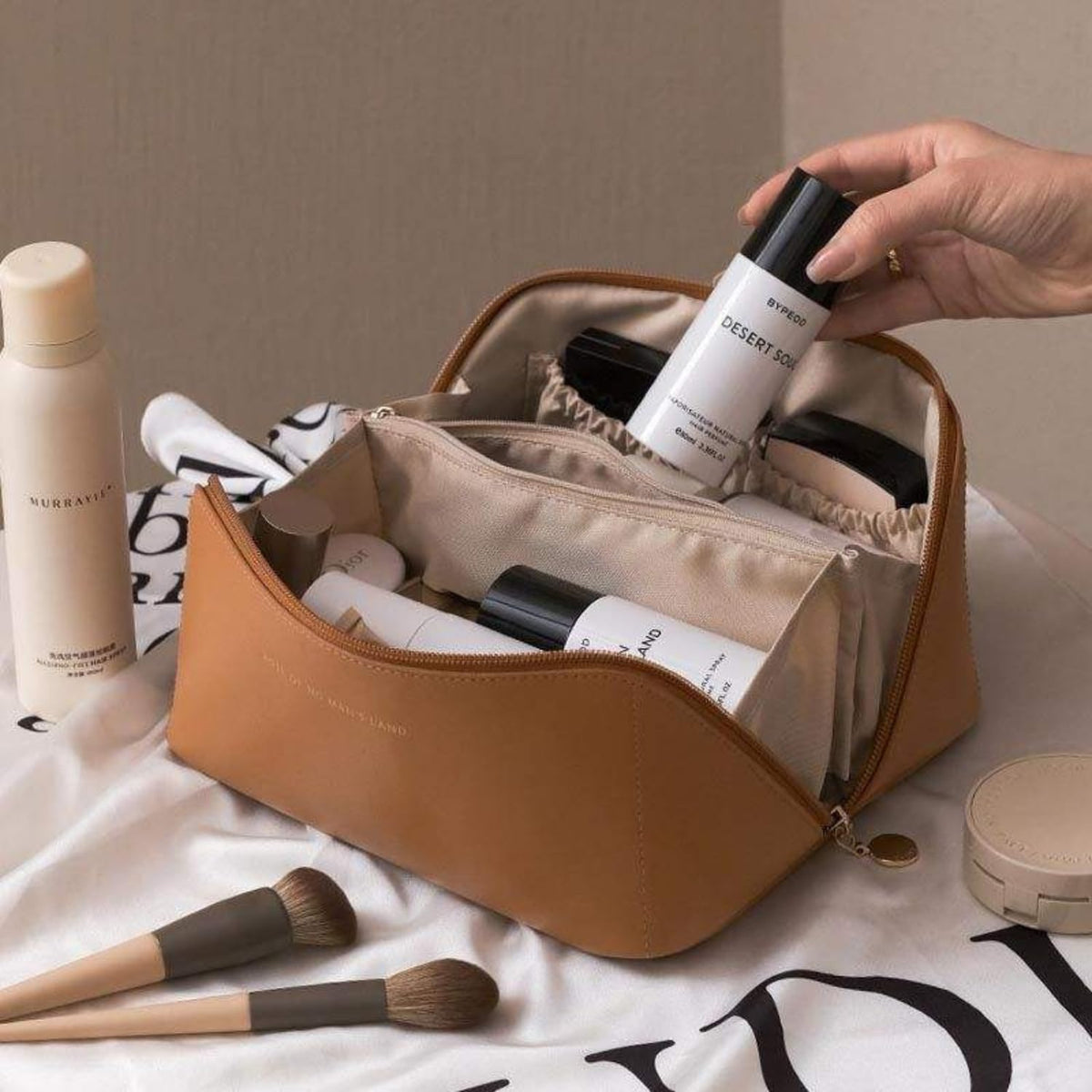 Large Capacity Travel Makeup Bag - Waterproof PU Leather Toiletry Bag with Top Handle