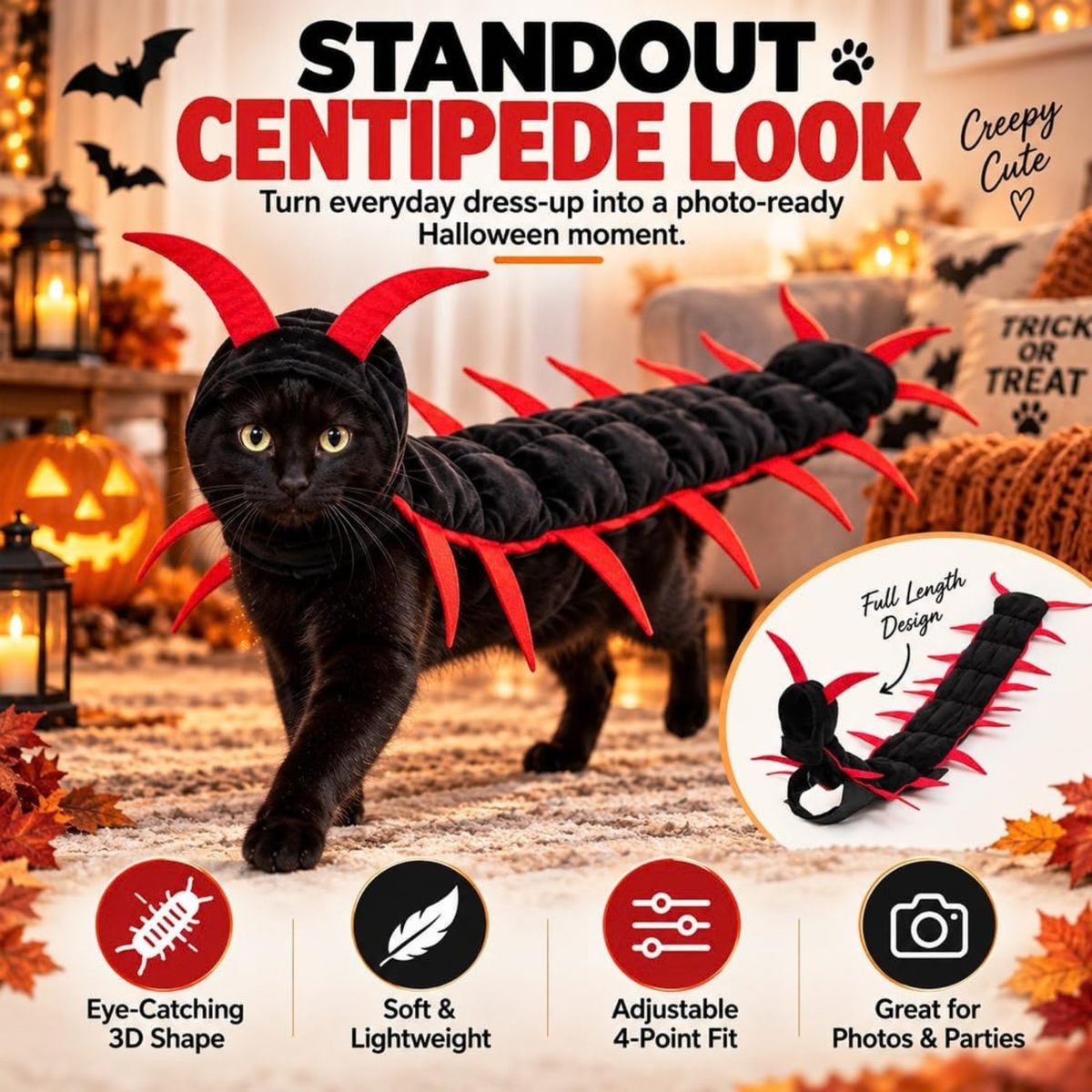 Centipede Cat Costume, 3D Halloween Centipede Costume for Cats & Small Dogs