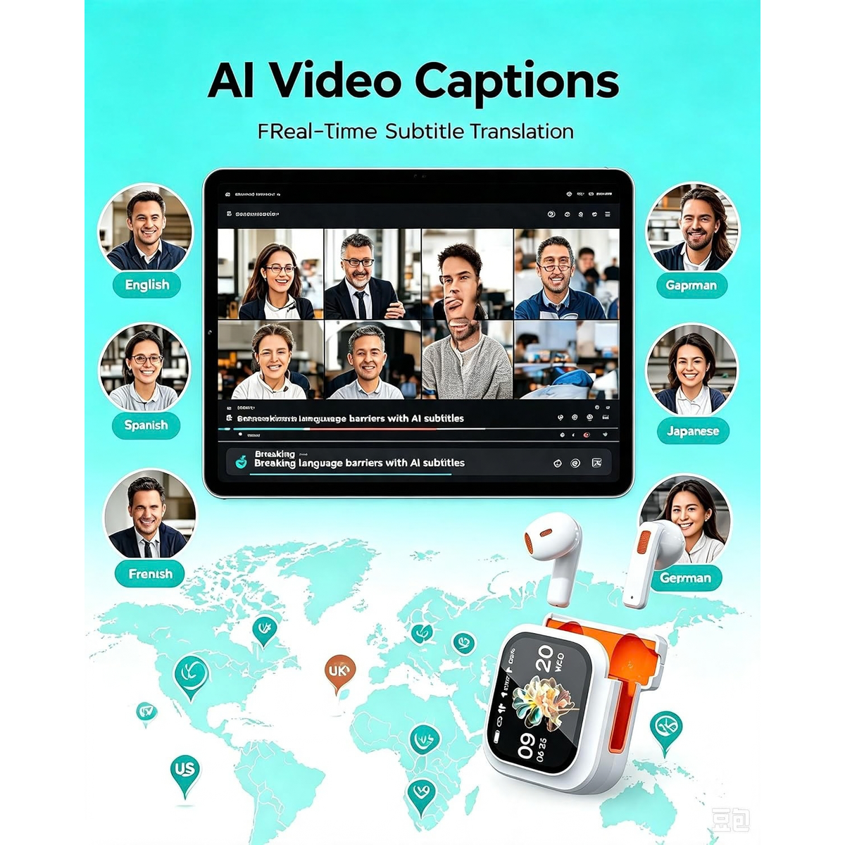 NE20 AI Translation Earbuds, Real-Time Translator, 135 Languages, LCD Touch Screen
