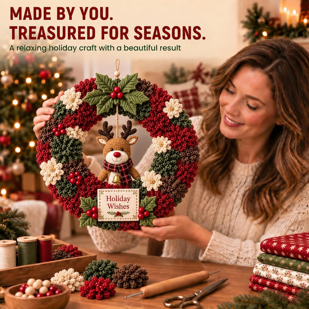 3D Christmas Wreath DIY Fabric Poke Art Kit for Handmade Holiday Home Decor