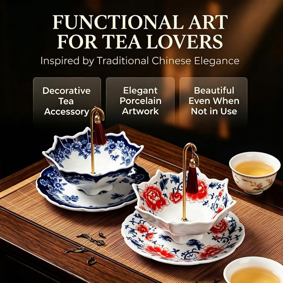Ceramic Umbrella Tea Strainer, Blue White Porcelain Loose Leaf Tea Infuser Filter