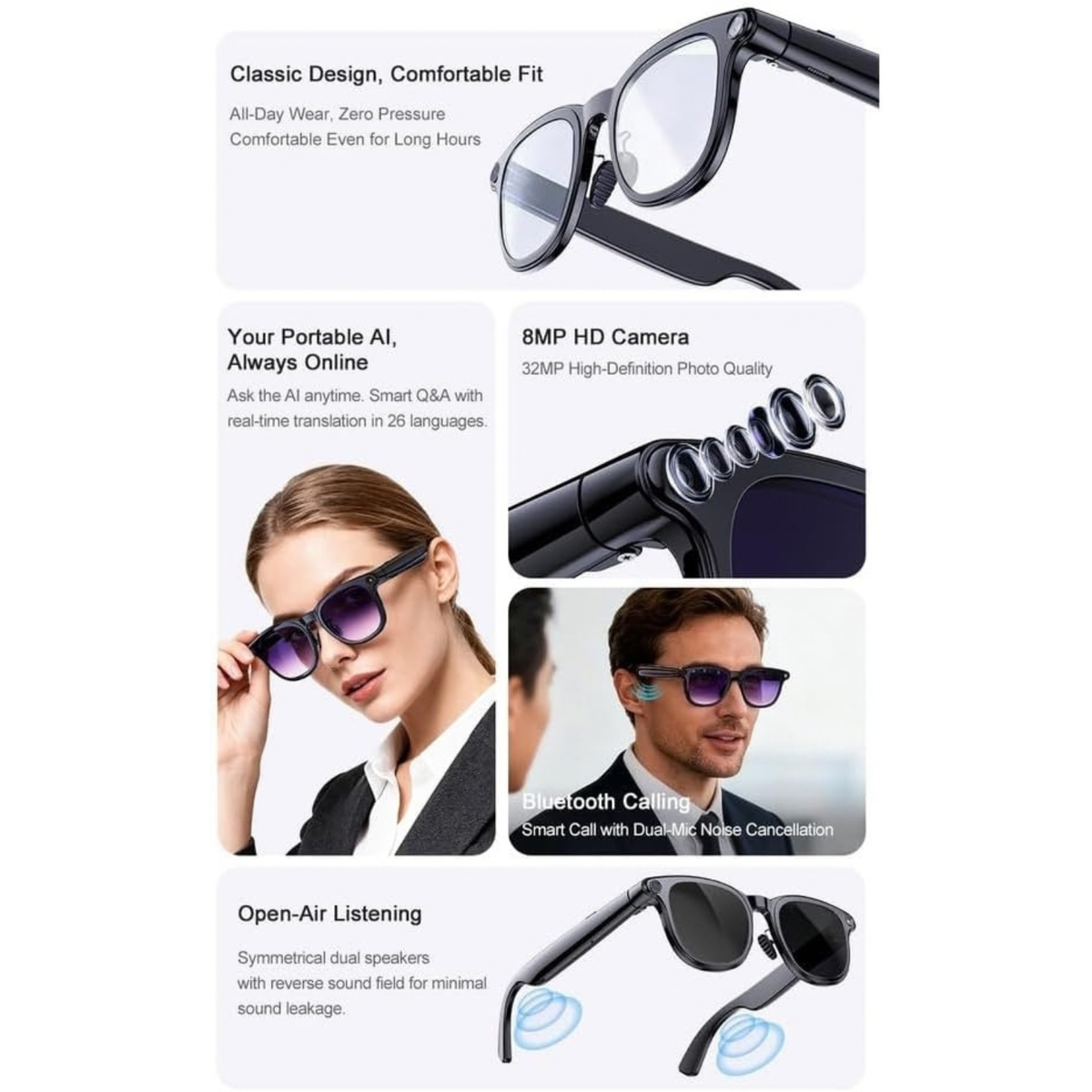 A2 AI Smart Glasses with 8MP Camera, HD Video, Translation, Voice Assistant