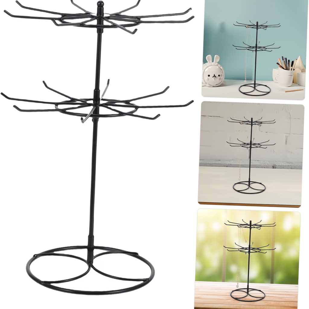 Rotating 2 Tier Necklace Display Stand with Hooks for Glasses Iron Metal Build, Black Finish, Office Desk or Vanity, Space Saving Design for Key Rings and Clutter Free Setup