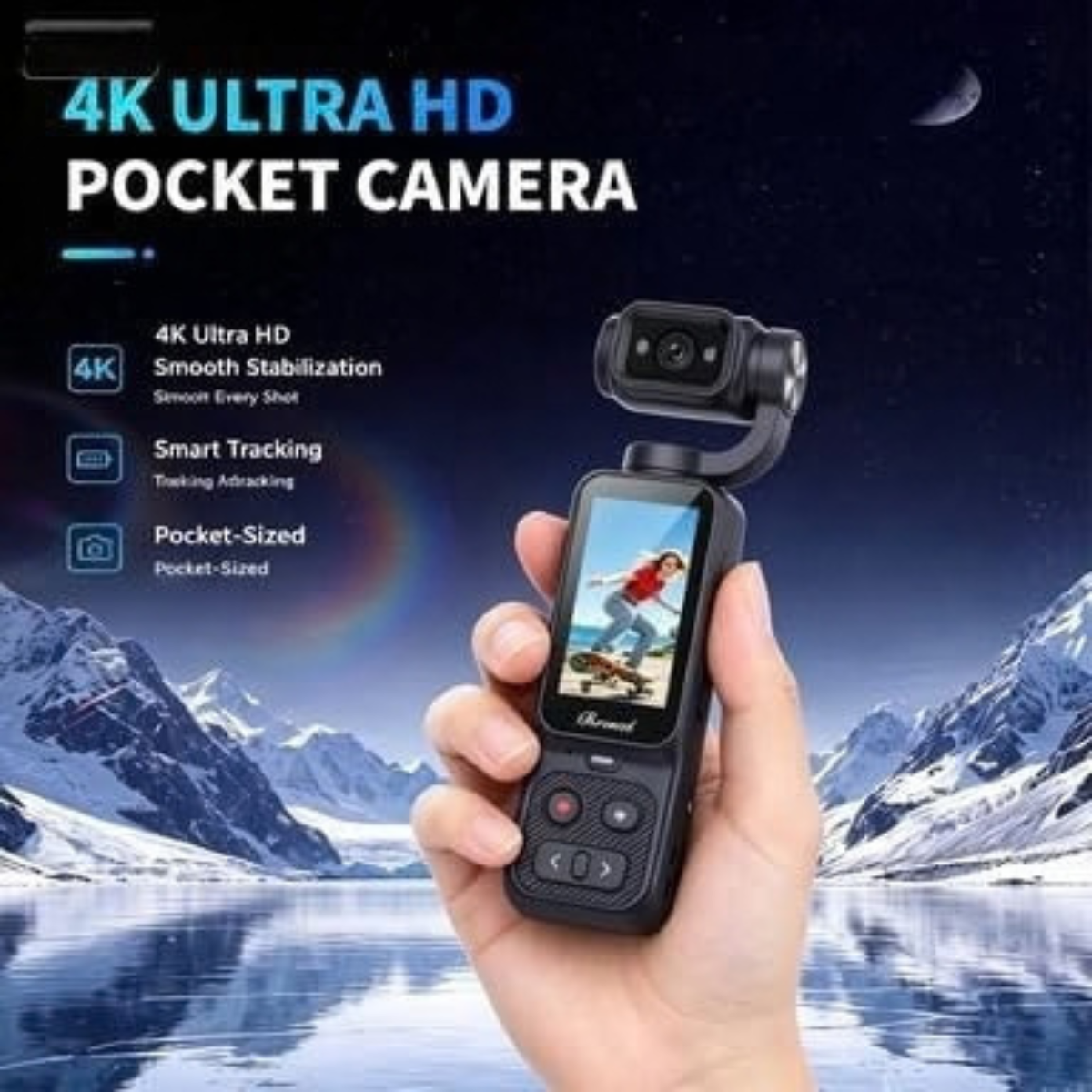 4K Pocket Gimbal Camera with Stabilization, Tracking, Rotatable Lens, Touchscreen