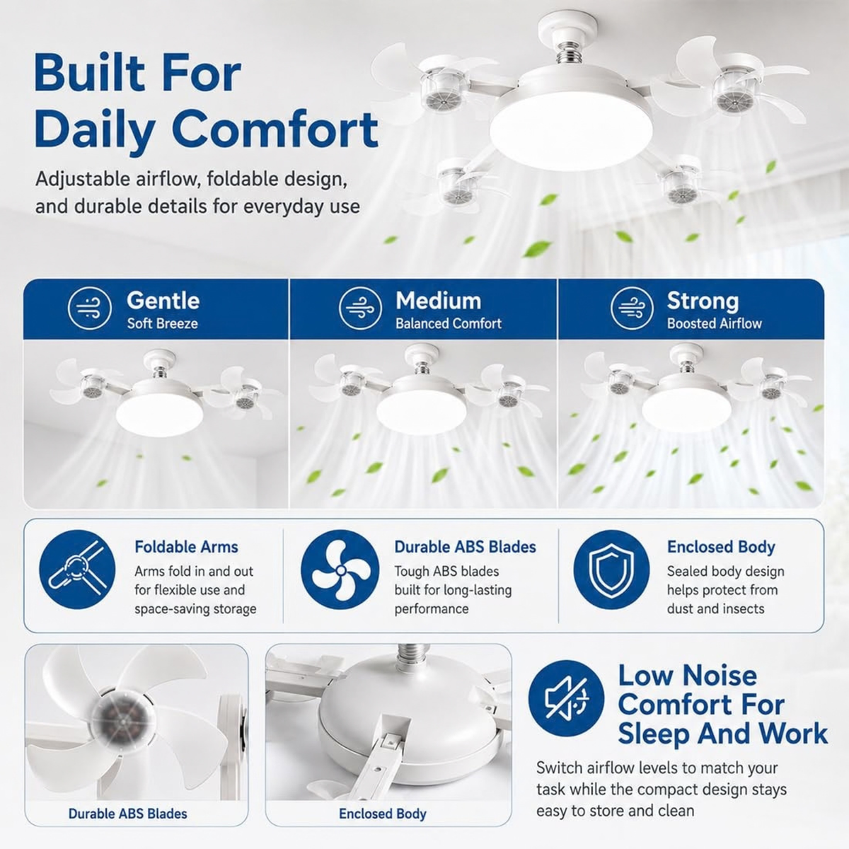 E27 Ceiling Fan Light, Silent LED Fan, Remote Control, 3 Speeds, Dimmable