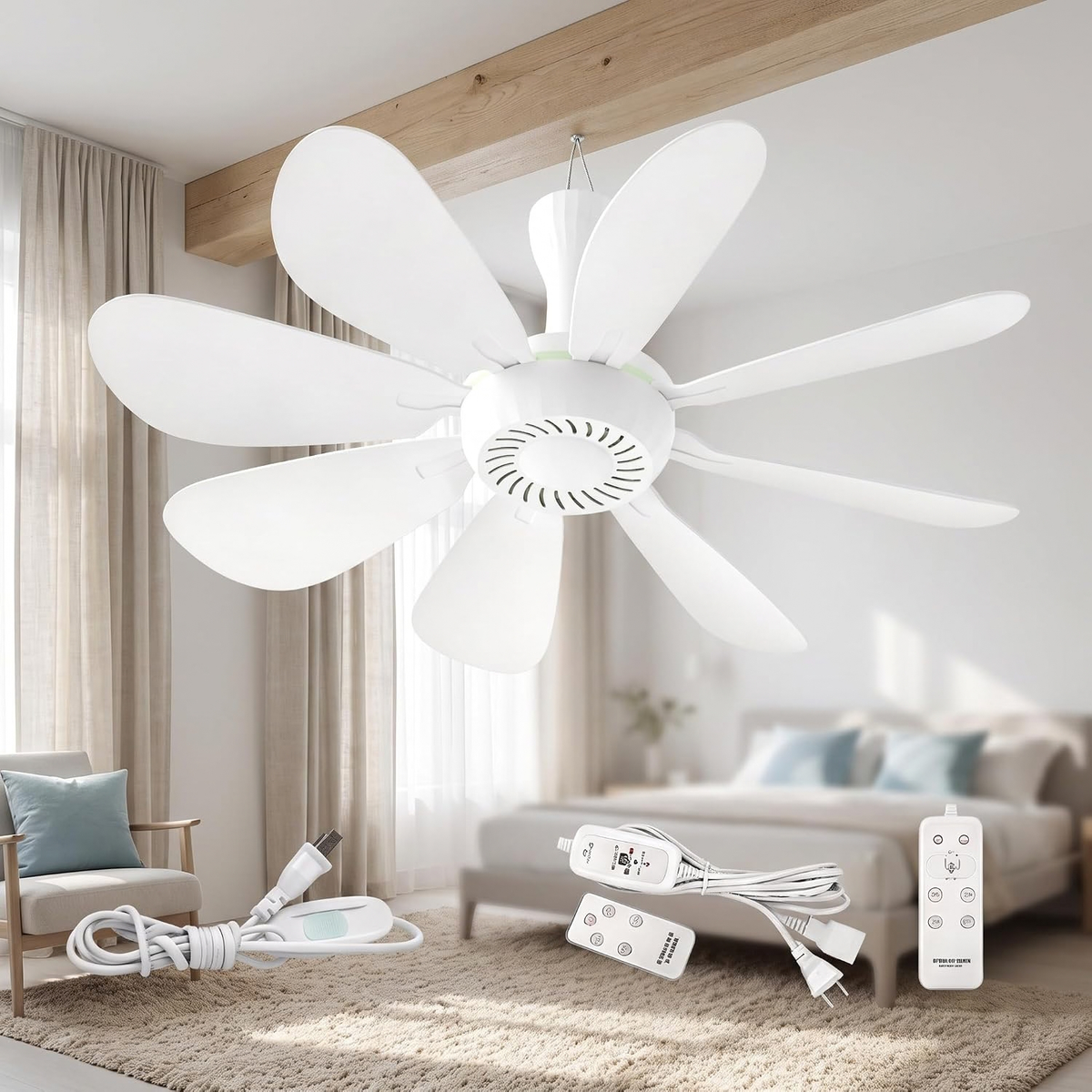 Collapsible Ceiling Fan with Remote & Light, 8 Detachable Blades, Quiet Portable Fan