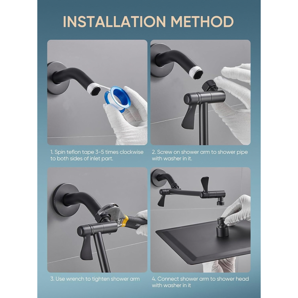 11" Solid Brass Shower Extension Arm, 360° Adjustable, Matte Black Wall Mount