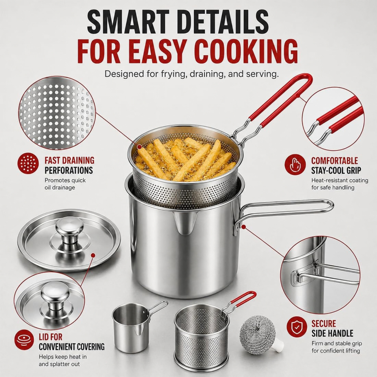 Stainless Steel Pot with Lift-Out Draining Basket & Food Tongs