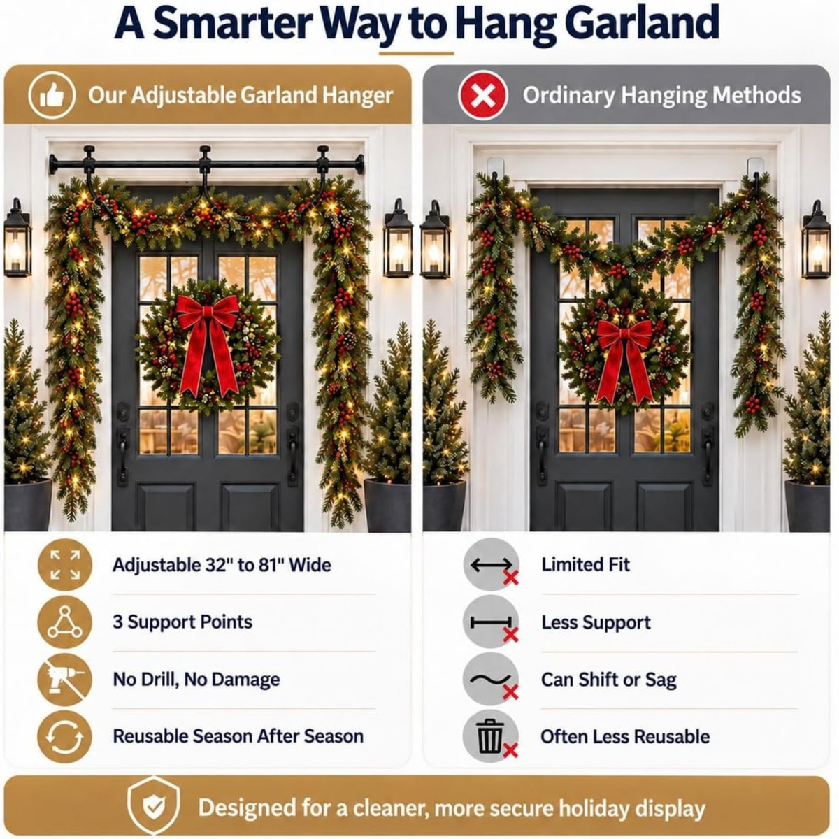 Garland Hanger for Front Door, Adjustable No Hardware Garland Hanger