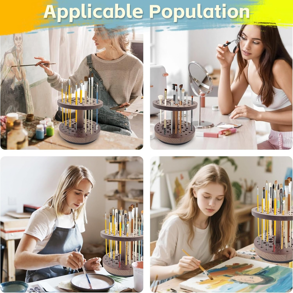 360° Rotating Hardwood Paint Brush Holder, Artist Desktop Storage Organizer