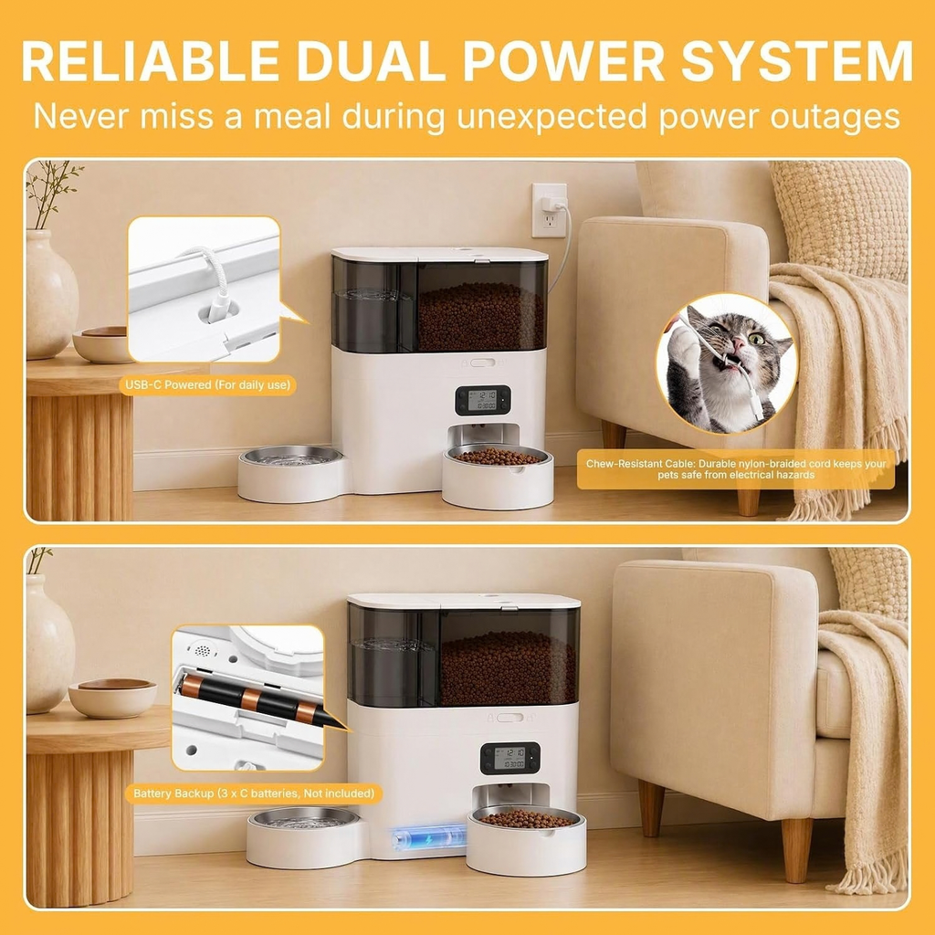 5L Automatic Cat Feeder & 3L Water Dispenser, Button Control