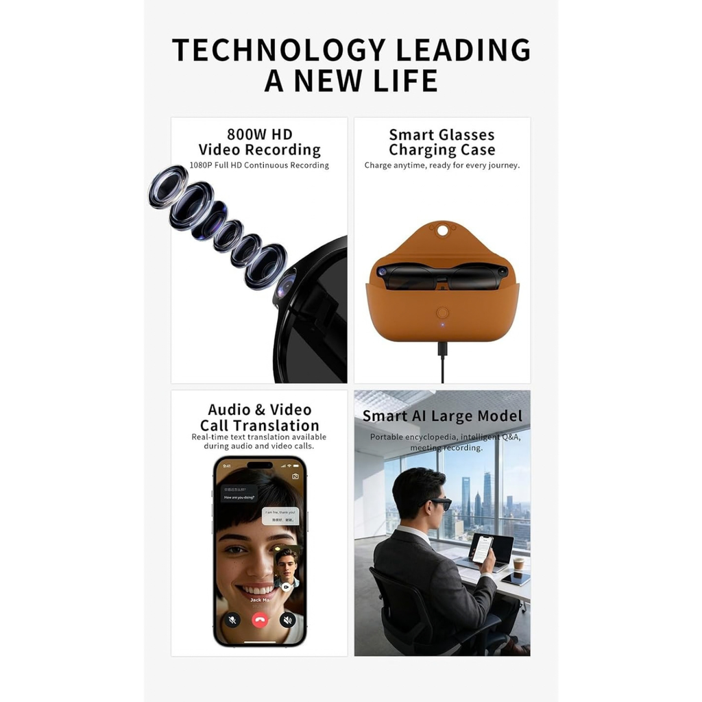 Smart Camera Glasses with 8MP HD Video, Bluetooth Audio & Translation