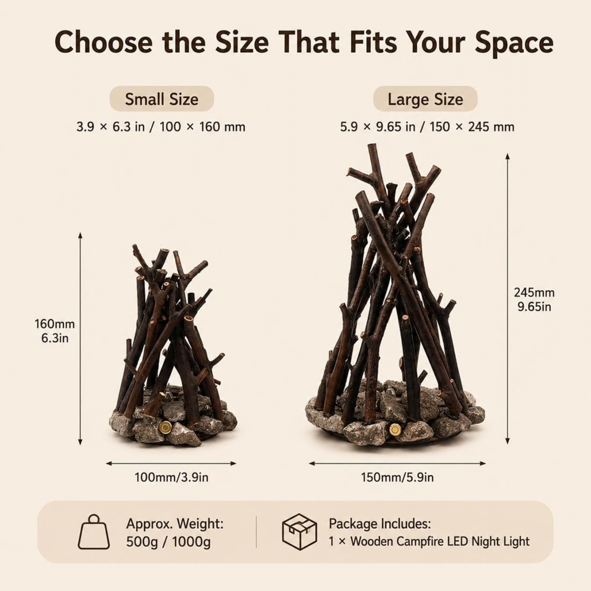 Dimmable Wooden Campfire Led Night Light, Handcrafted Forest Campfire Lamp