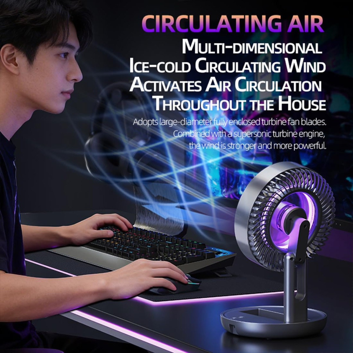 Portable Foldable Table Fan, USB Rechargeable, Quiet Adjustable Standing Fan with LED Light