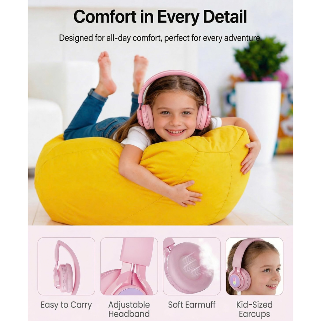 LED Bunny Kids Bluetooth Headphones, Over Ear Wired & Wireless Headset Pink