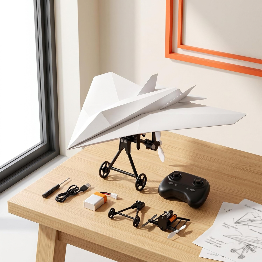 DIY RC Paper Airplane Kit with Gyro Stabilizer, Dual Propellers and Remote Controller