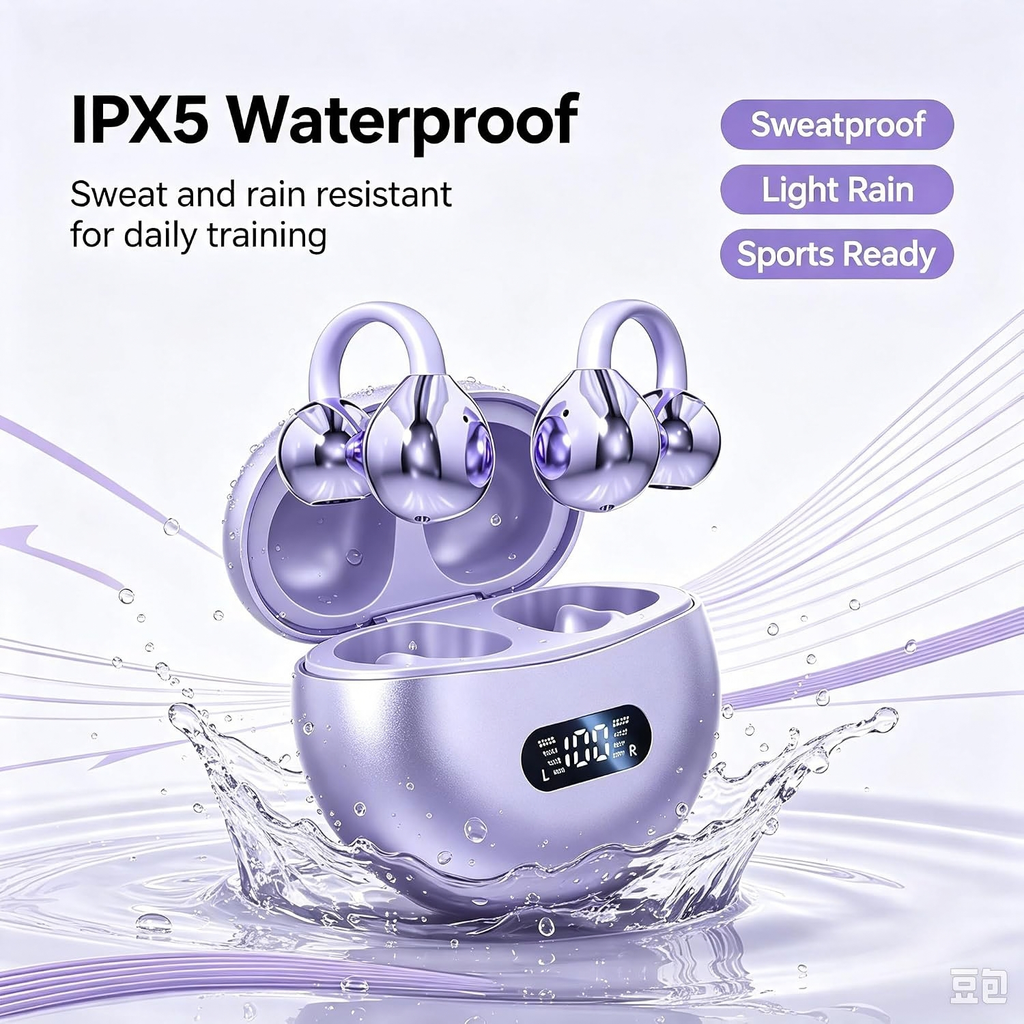 Open Ear Clip On Wireless Earbuds Bluetooth 5.4 Sports Headphones Purple