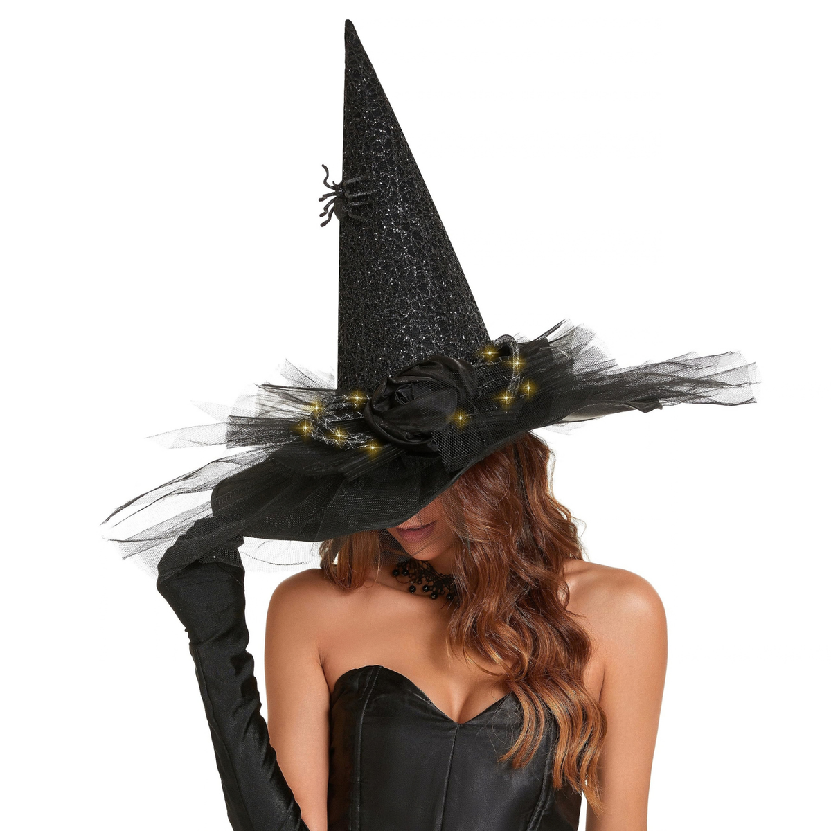 Women's LED Lighted Witch Hat Halloween Costume with Gauze Feathers