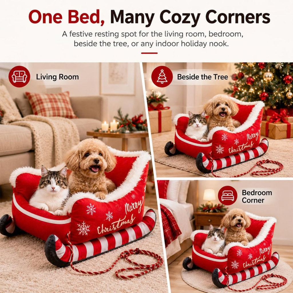 Christmas Dog Sleigh Bed, Santa Sleigh Plush Pet Sofa for Dogs & Cats