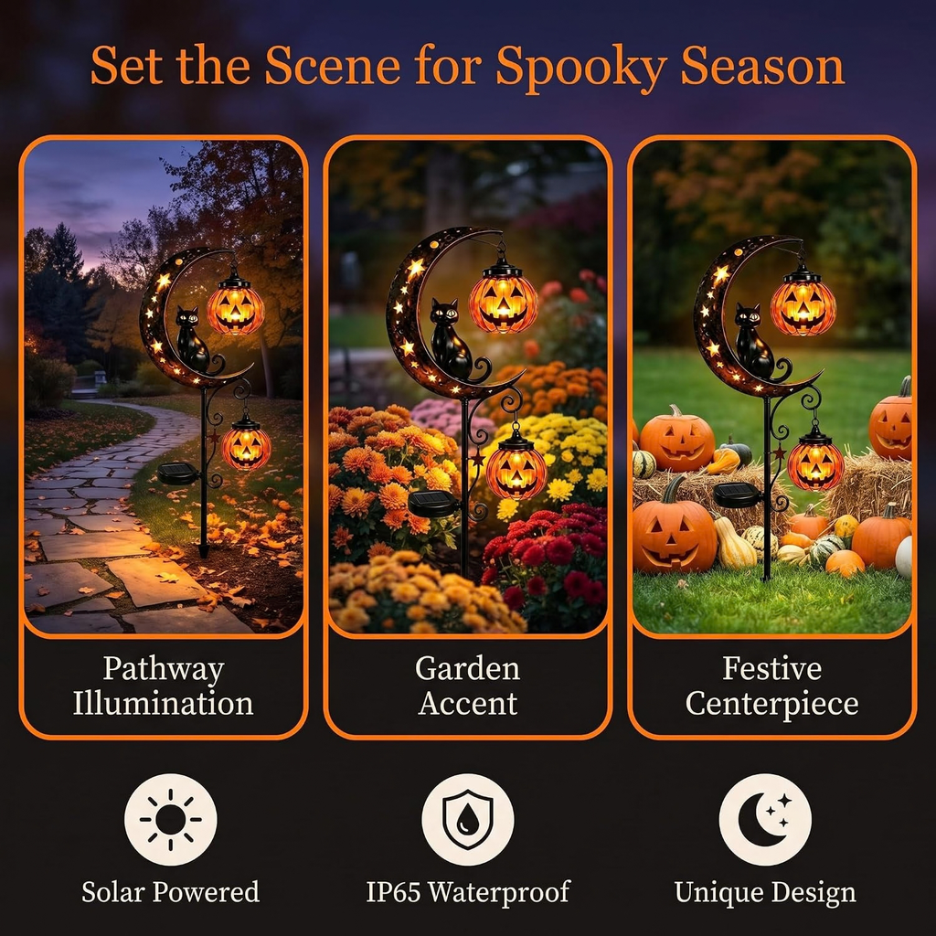 Pumpkin Moon Garden Stake Light, Solar Black Cat Pumpkin Halloween Outdoor Decoration