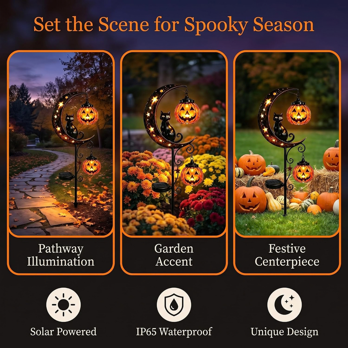 Pumpkin Moon Garden Stake Light, Solar Black Cat Pumpkin Halloween Outdoor Decoration