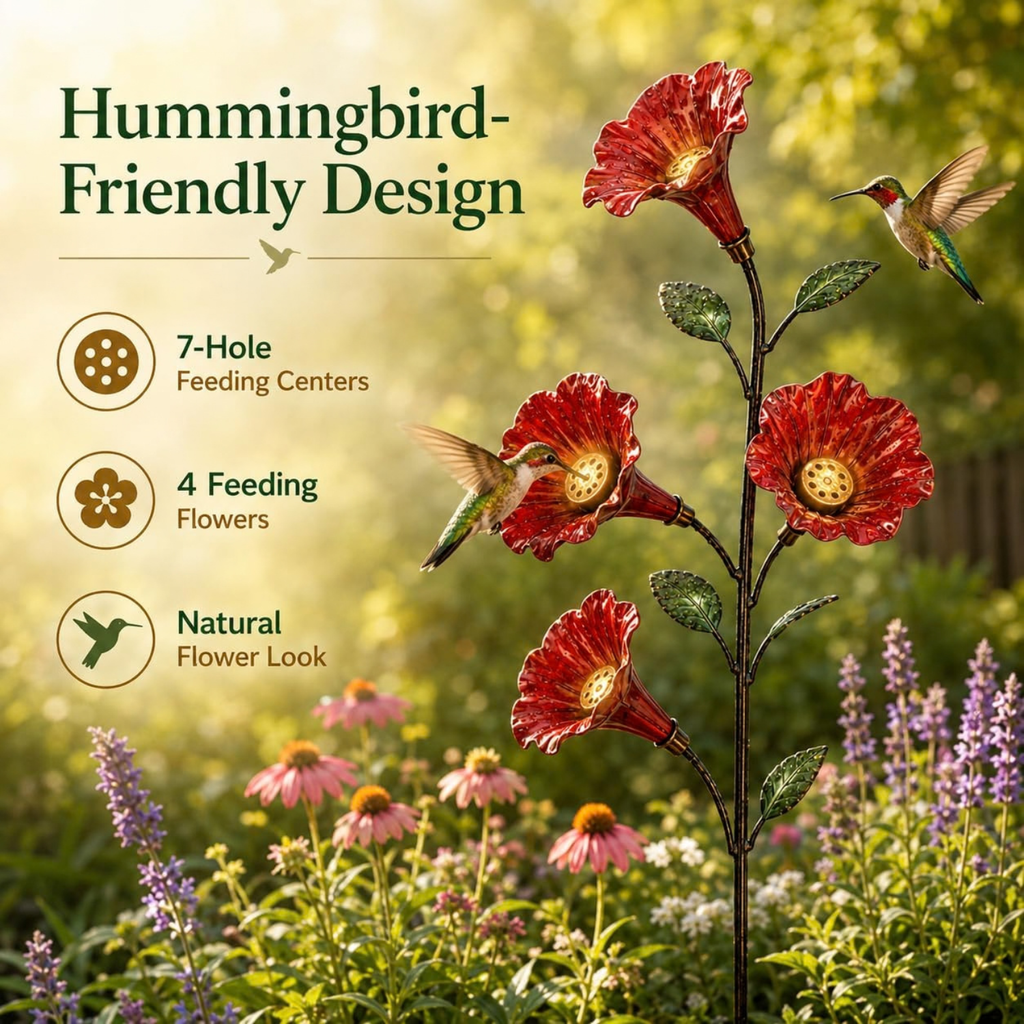 Vintage Red Trumpet 4-Flower Hummingbird Feeder Garden Stake (1 PC)